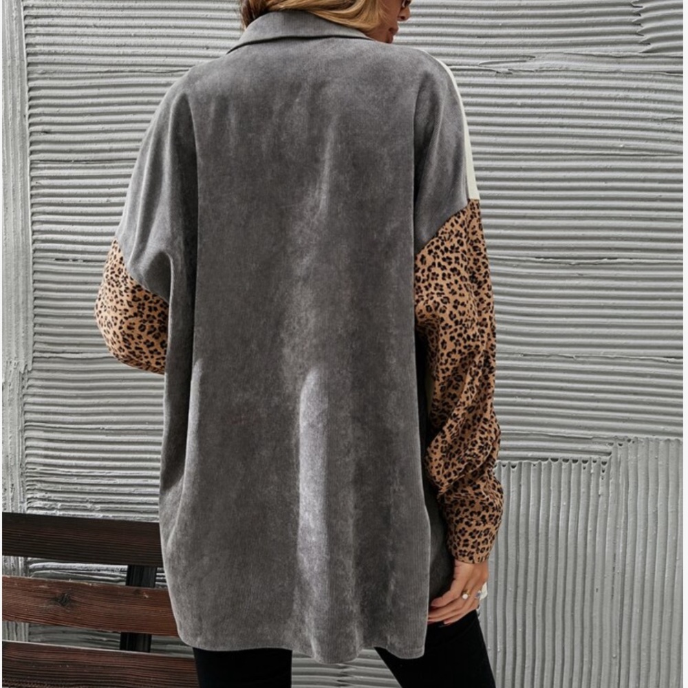 Cozy Corduroy  Oversized Relaxed fit Leopard Print Patch Work Button Down Shirt - Picture 14 of 16